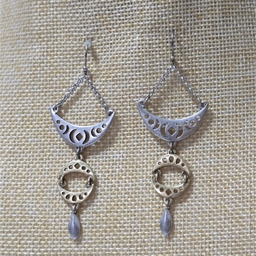 Lucky Brand Mixed Metal Crescent Moon Tiered Dangle Earrings Boho Celestial New